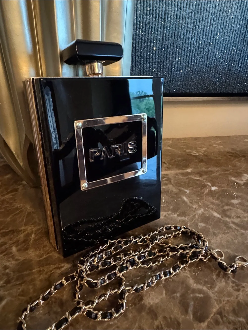Black Paris Bottle-Style Chain Crossbody Bag